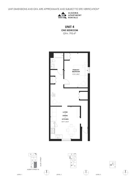 Floor plan for 1 bed, 1 bath, 793 sqft